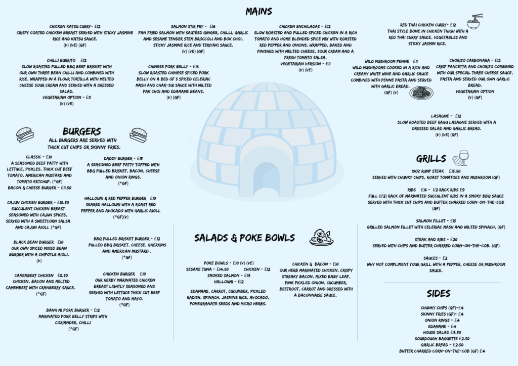 Menu for take away/delivery click the blue button Igloo restaurants