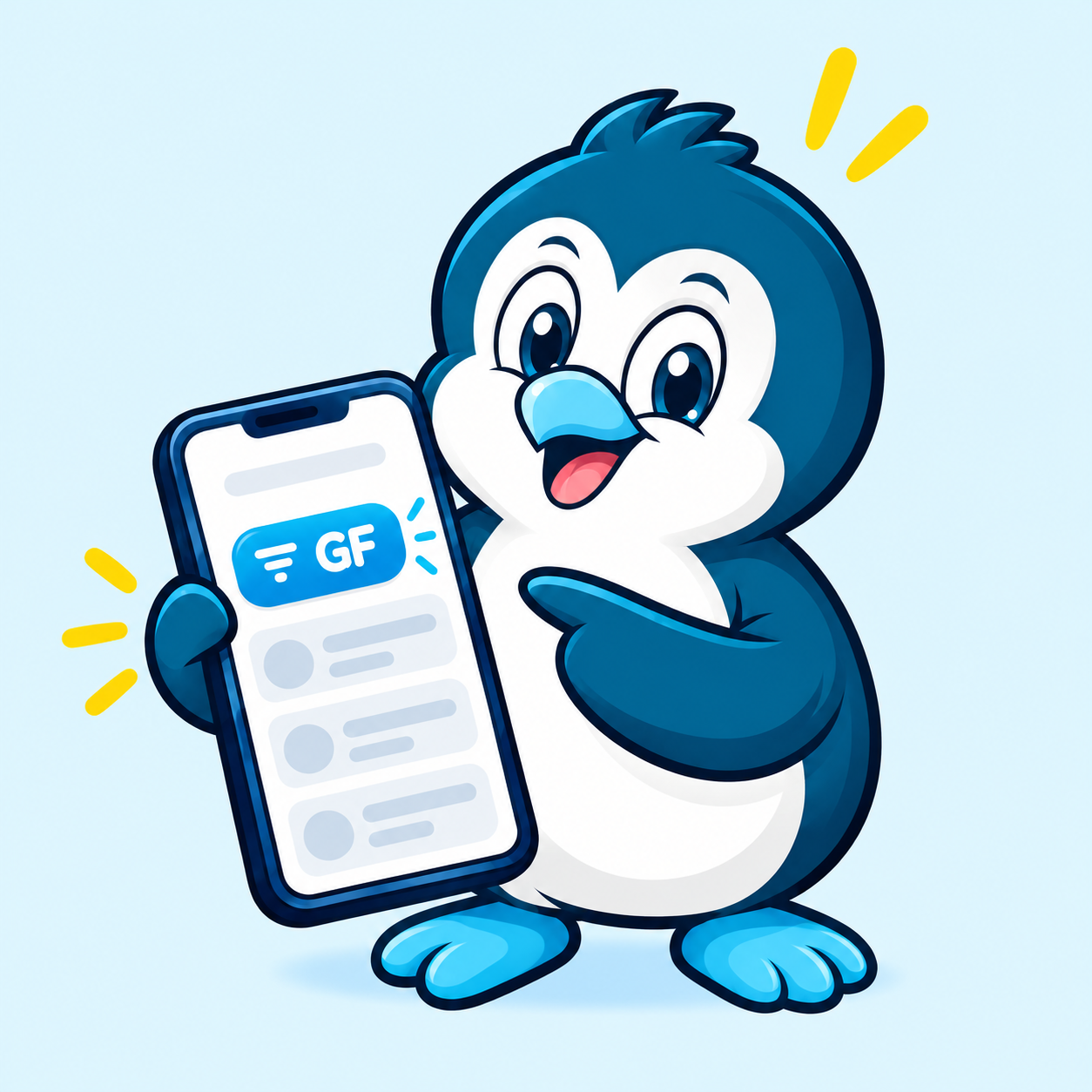 An Igloo penguin pointing to a GF filter on an illustrated phone.