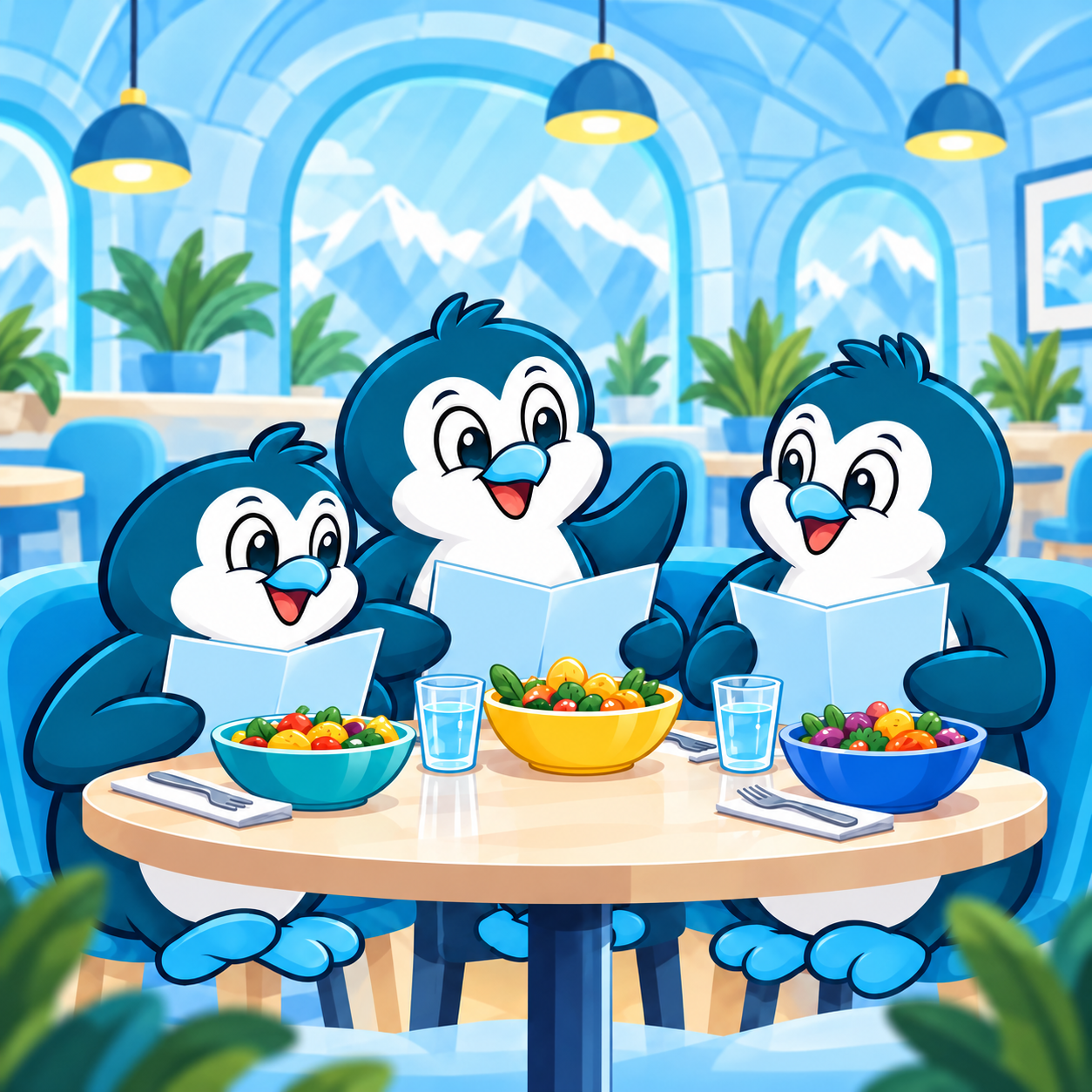 Three happy Igloo penguins choosing from matching menus around a table.