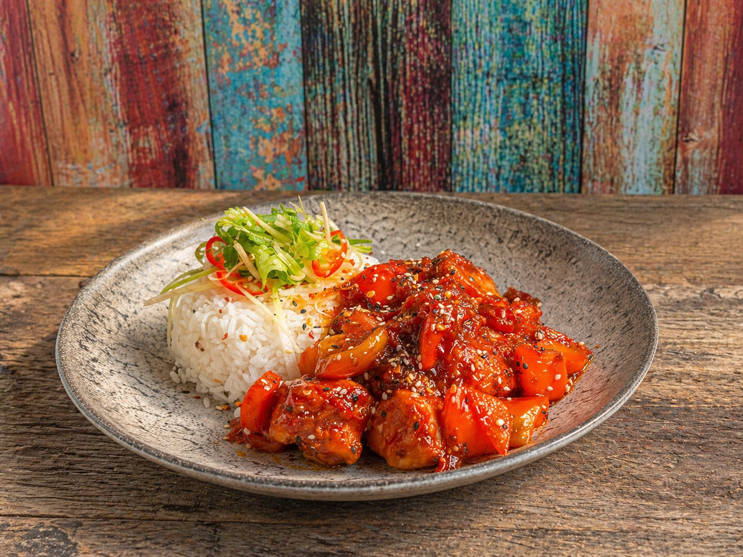 Korean chicken with rice and salad