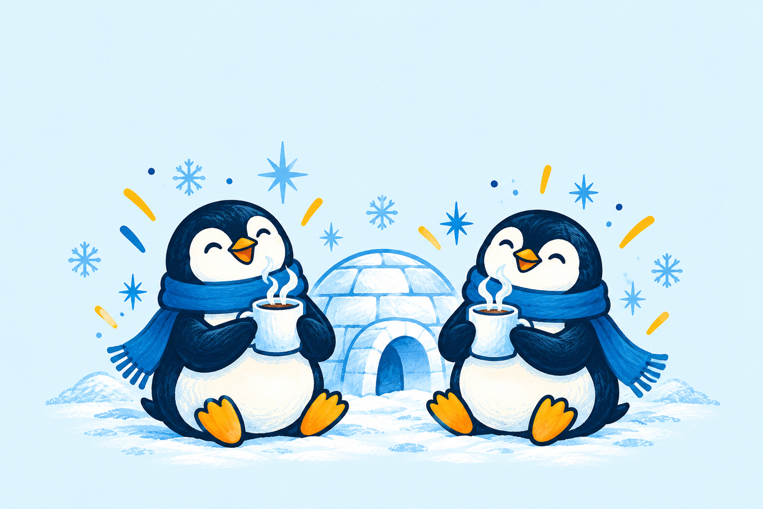 Two Igloo penguins enjoying a cosy coffee catch-up