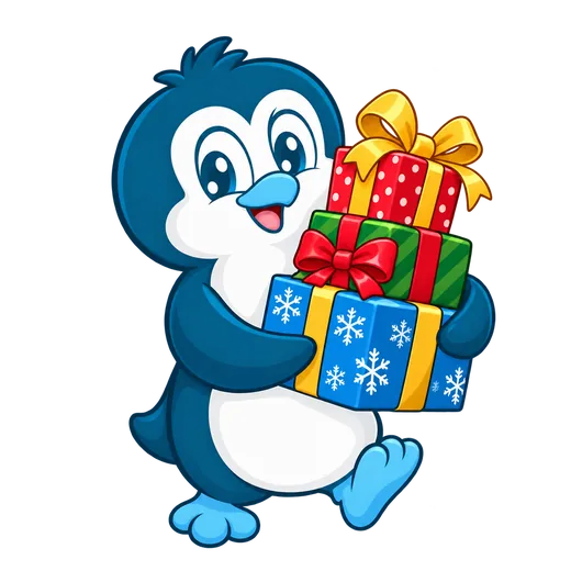 Igloo penguin carrying a stack of Christmas presents