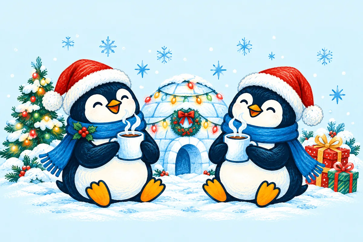 Two Igloo penguins in Santa hats sharing hot chocolate outside a festive igloo