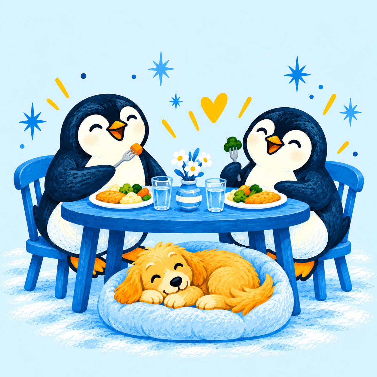 Two Igloo penguins enjoying dinner while a golden dog sleeps beside their table