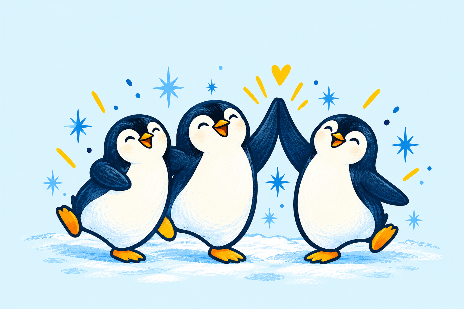 Three cheerful Igloo penguins celebrating together