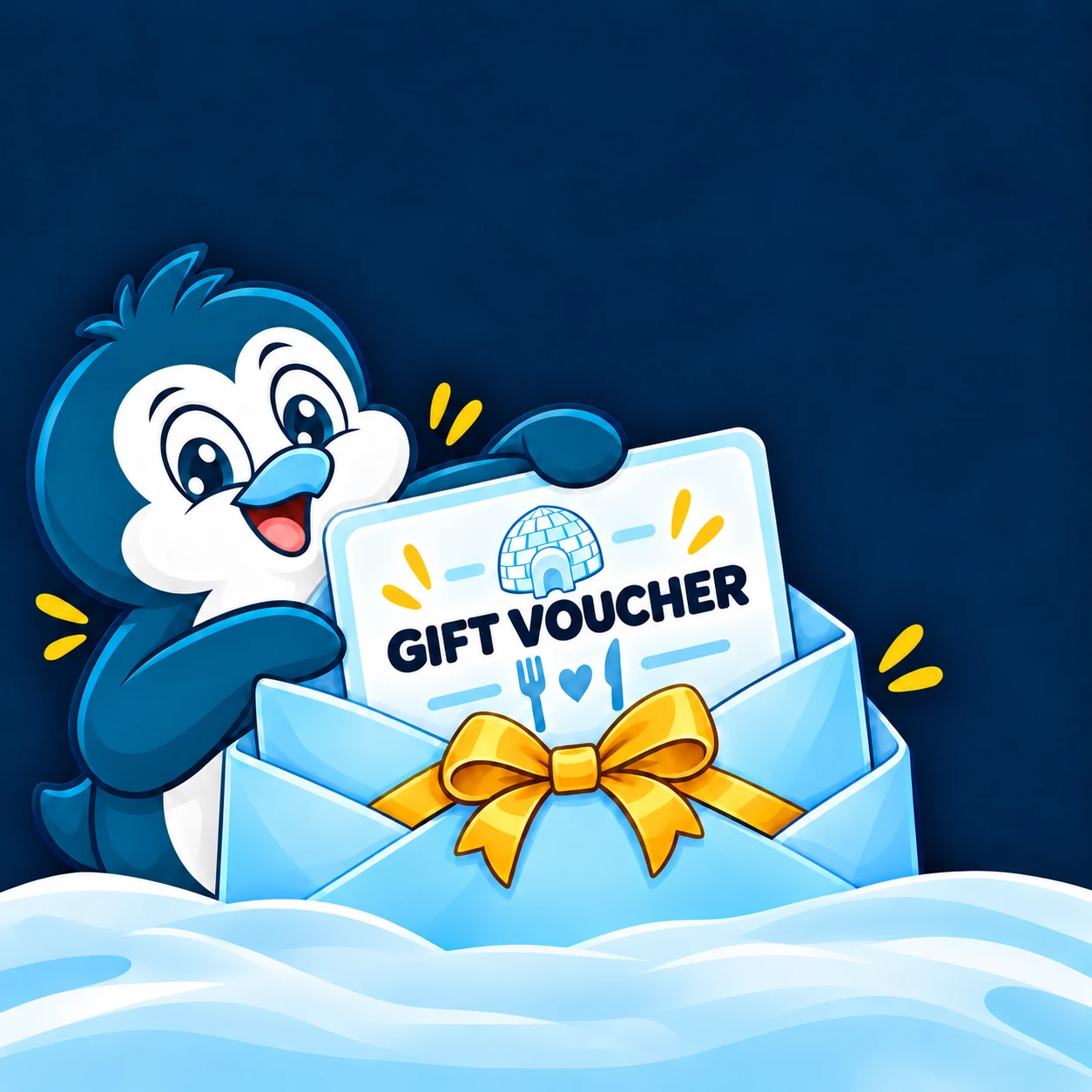 Igloo penguin opening a gift voucher envelope